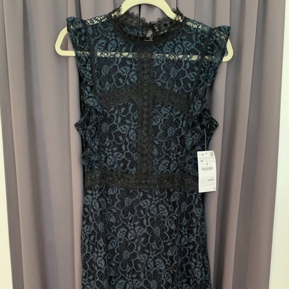 NWT Zara Black & Blue Embroidered High Neck Dress